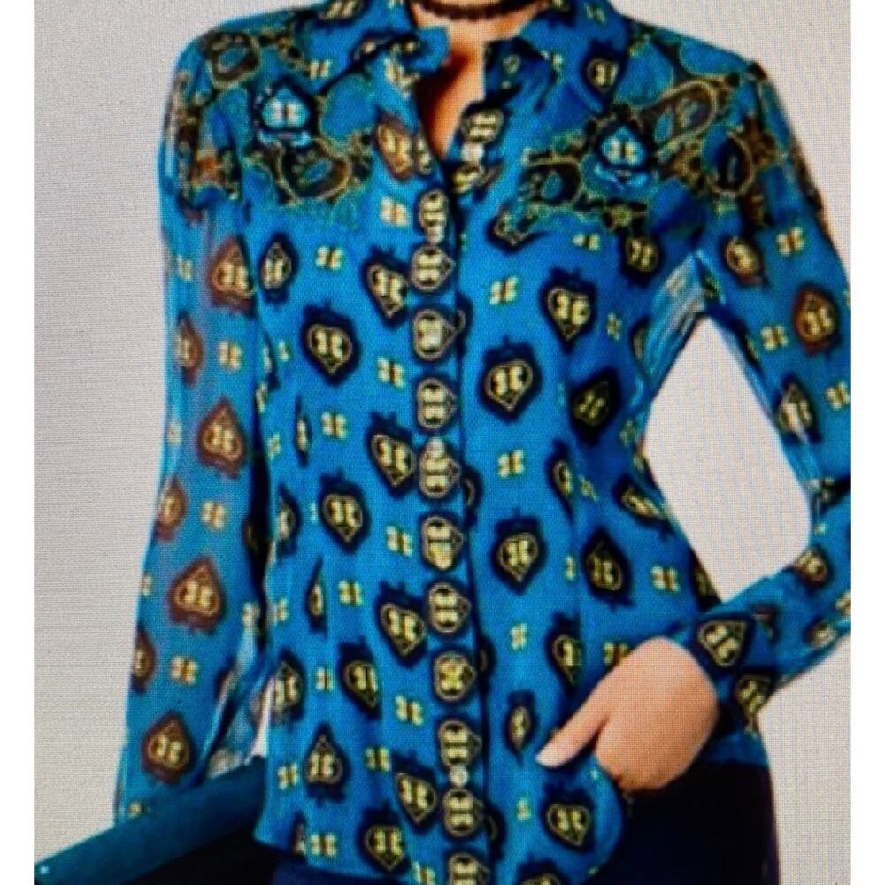 Anna Sui INC 100% Silk Teal Beaded  SequinButterfly Sheer Blouse-Size S